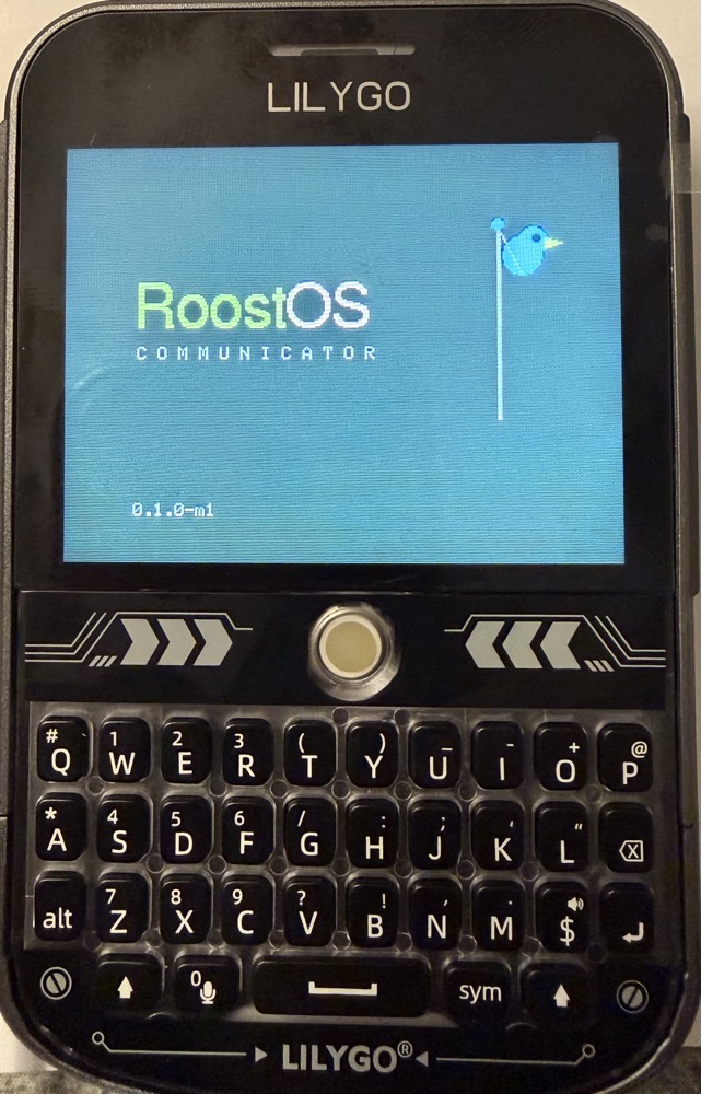 Boot splash — RoostOS Communicator, the chick on an antenna