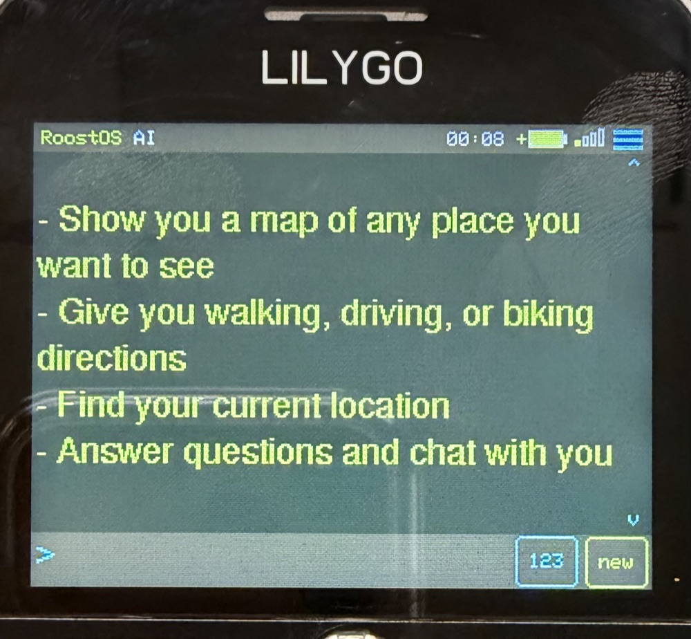 The AI listing what it can do — maps, directions, location, chat